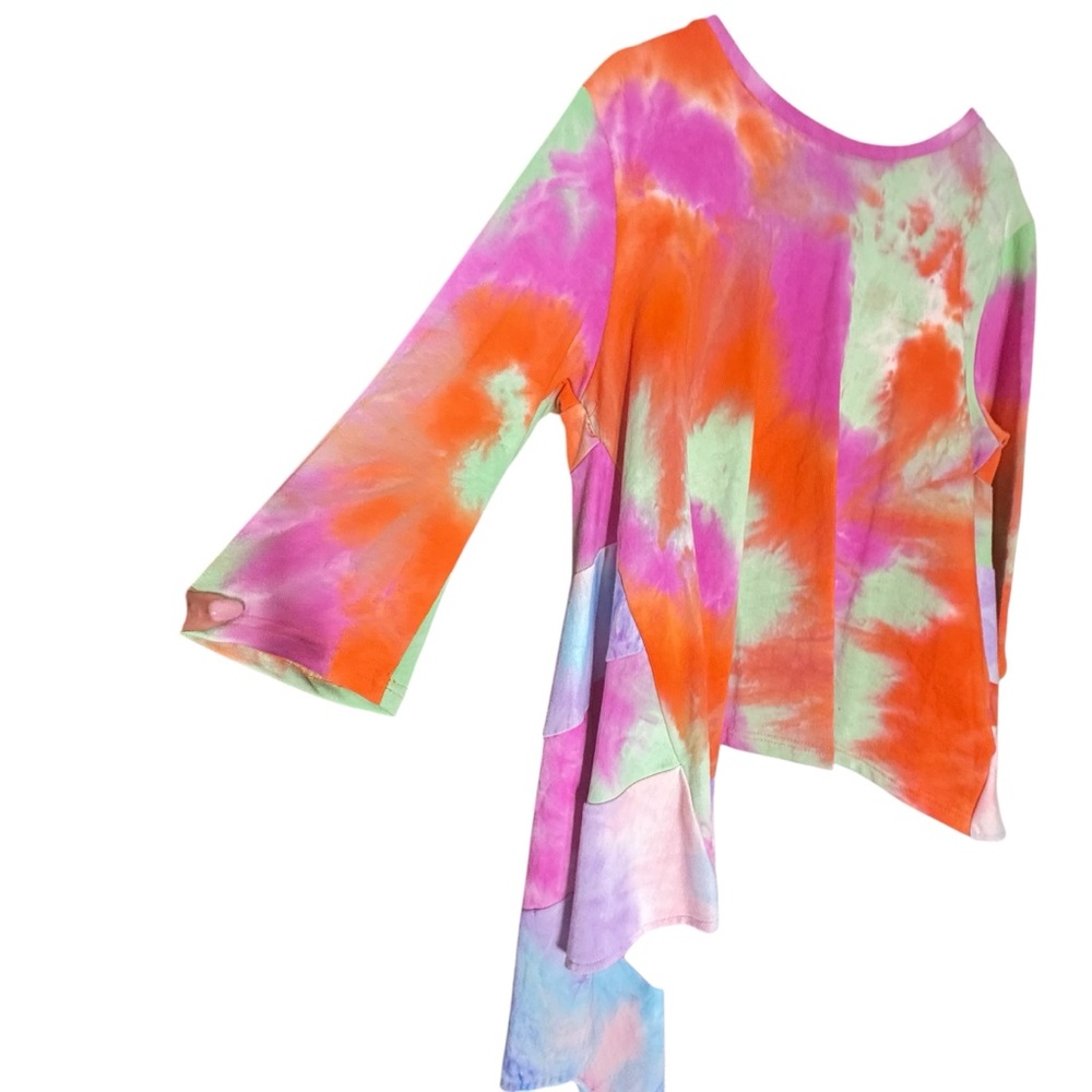Why Dress Colorful Tie Dye Hi Low 3/4 Sleeve Tiered Ruffled Back NWT XL - Picture 2 of 14